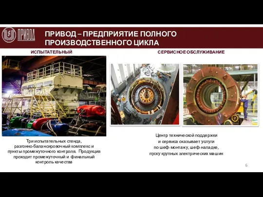 ПРИВОД – ПРЕДПРИЯТИЕ ПОЛНОГО ПРОИЗВОДСТВЕННОГО ЦИКЛА ИСПЫТАТЕЛЬНЫЙ ЦЕНТР Три испытательных стенда, разгонно-балансировочный