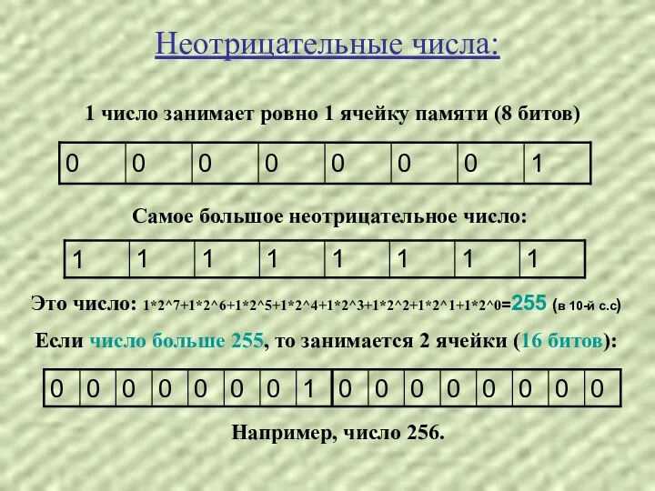 Неотрицательные числа: 1 число занимает ровно 1 ячейку памяти (8 битов) Самое