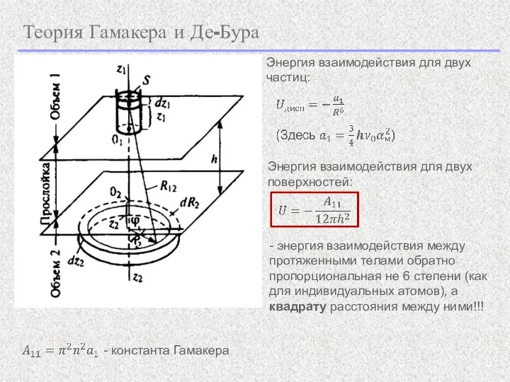 Теория Гамакера и Де-Бура Энергия взаимодействия для двух частиц: Энергия взаимодействия для