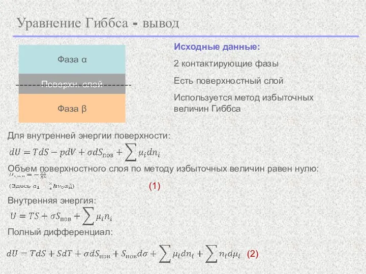 Уравнение Гиббса - вывод Исходные данные: 2 контактирующие фазы Есть поверхностный слой