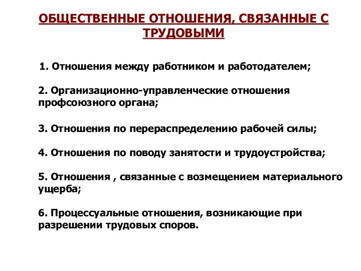 ОБЩЕСТВЕННЫЕ ОТНОШЕНИЯ, СВЯЗАННЫЕ С ТРУДОВЫМИ 1. Отношения между работником и работодателем; 2.