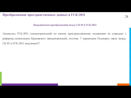 28 Преобразование пространственных данных в ГСК-2011 Эллипсоид ГСК-2011 (геоцентрический) по своему пространственному