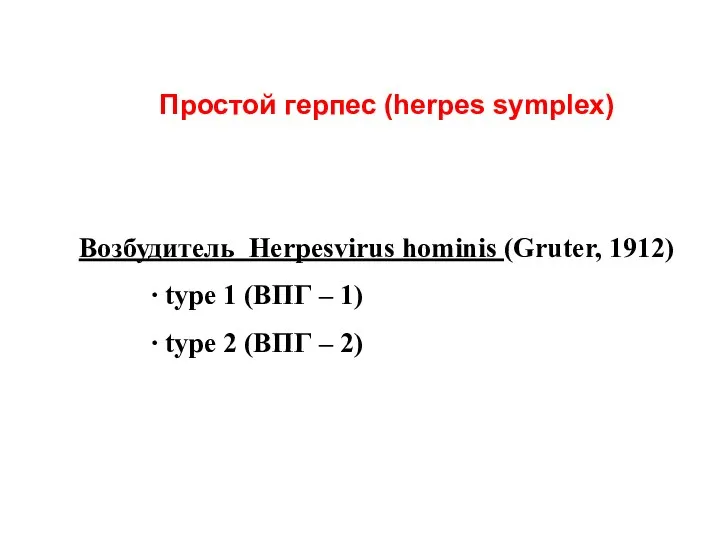 Простой герпес (herpes symplex) Возбудитель Herpesvirus hominis (Gruter, 1912) ∙ type 1