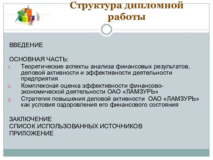 Структура дипломной работы ВВЕДЕНИЕ ОСНОВНАЯ ЧАСТЬ: Теоретические аспекты анализа финансовых результатов, деловой