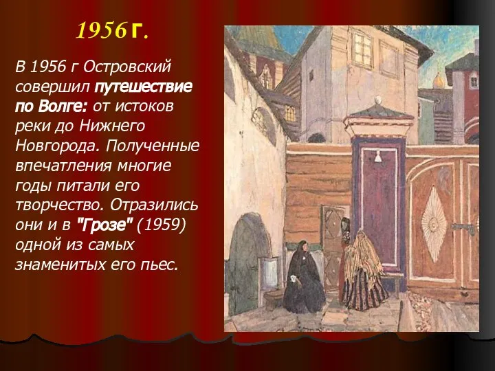 1956 г. В 1956 г Островский совершил путешествие по Волге: от истоков