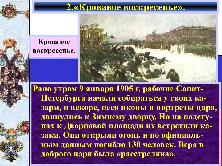 2.«Кровавое воскресенье». Кровавое воскресенье. Рано утром 9 января 1905 г. рабочие Санкт-Петербурга