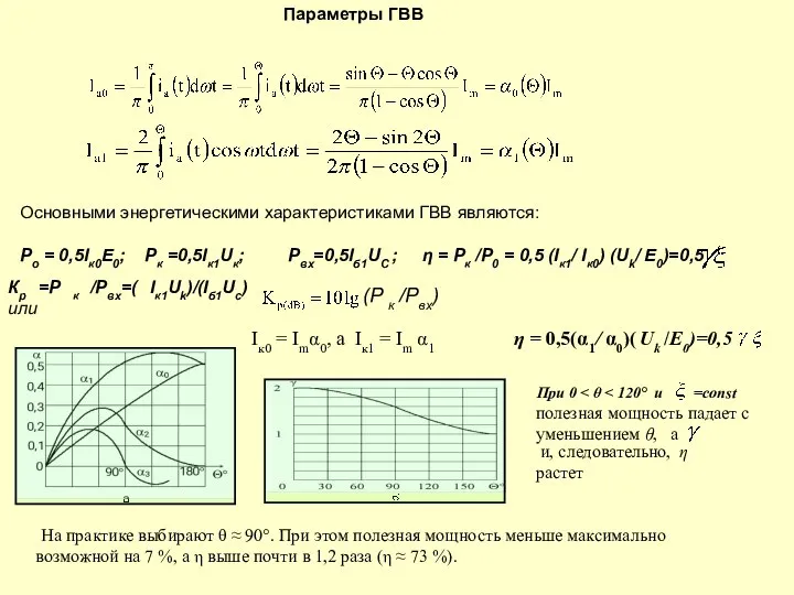 Основными энергетическими характеристиками ГВВ являются: Ро = 0,5Iк0Е0; Рк =0,5Iк1Uк; Pвх=0,5Iб1UC ;