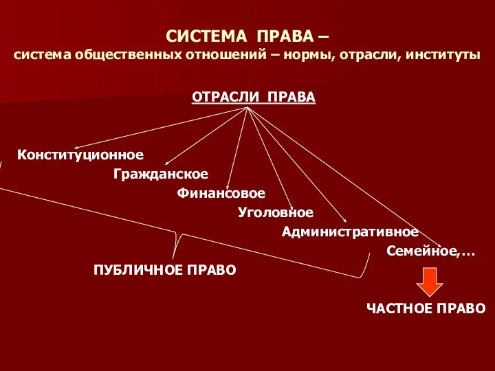 СИСТЕМА ПРАВА – система общественных отношений – нормы, отрасли, институты ОТРАСЛИ ПРАВА