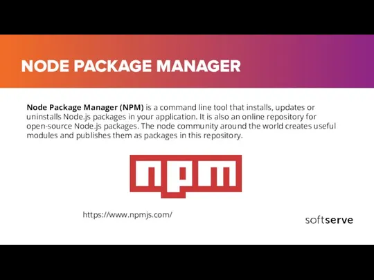 NODE PACKAGE MANAGER Node Package Manager (NPM) is a command line tool