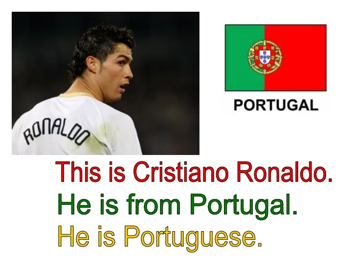 This is Cristiano Ronaldo. He is from Portugal. He is Portuguese.