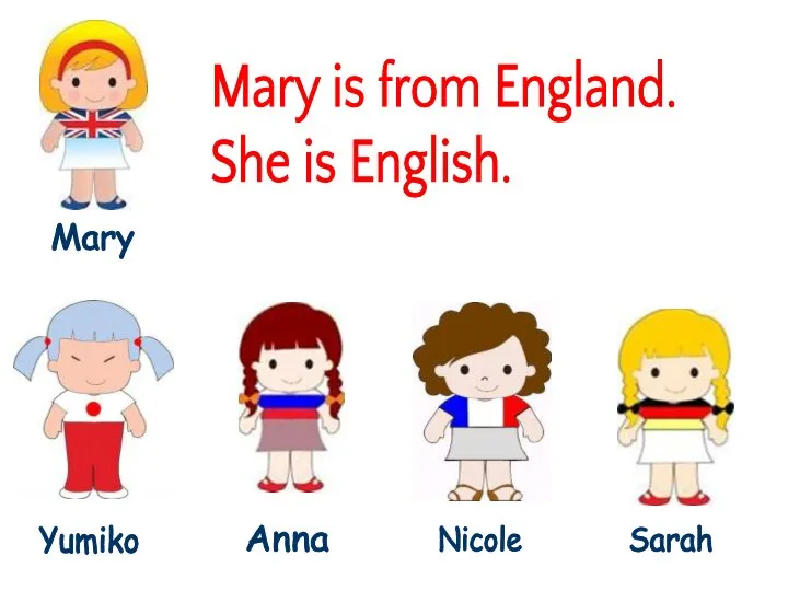 Mary is from England. She is English. Mary Yumiko Anna Nicole Sarah