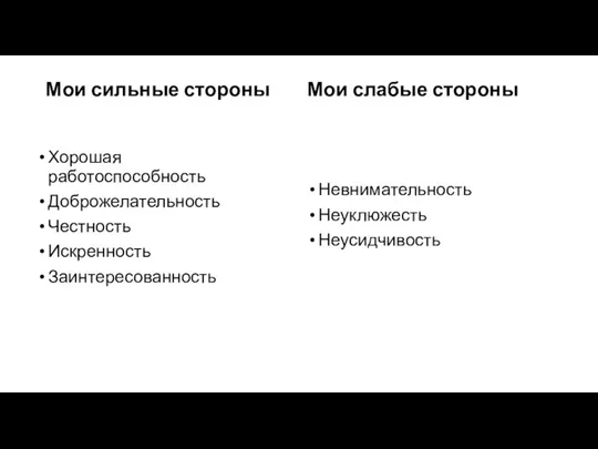 Мои сильные стороны Хорошая работоспособность Доброжелательность Честность Искренность Заинтересованность Мои слабые стороны Невнимательность Неуклюжесть Неусидчивость