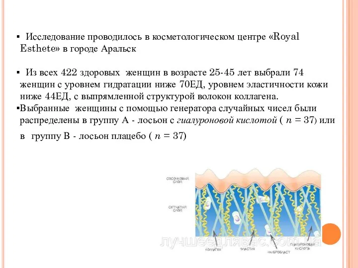 Исследование проводилось в косметологическом центре «Royal Esthete» в городе Аральск Из всех