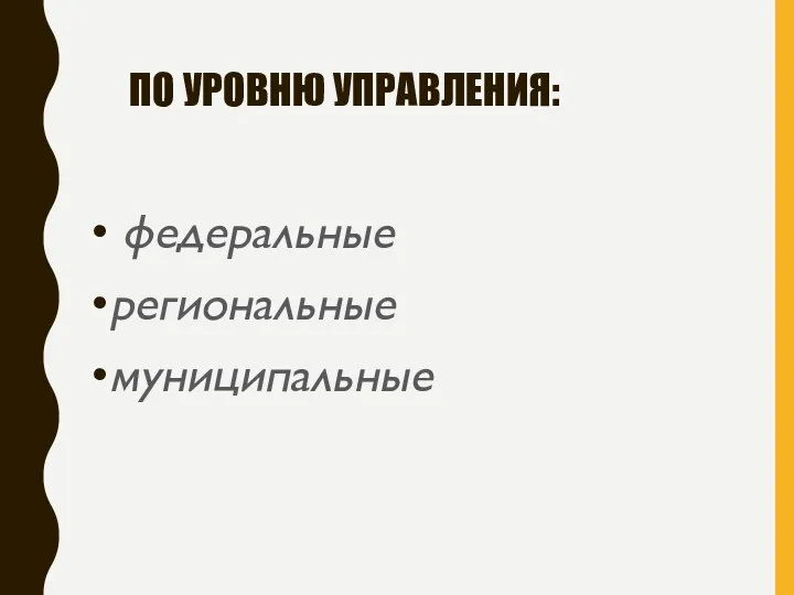 ПО УРОВНЮ УПРАВЛЕНИЯ: федеральные региональные муниципальные