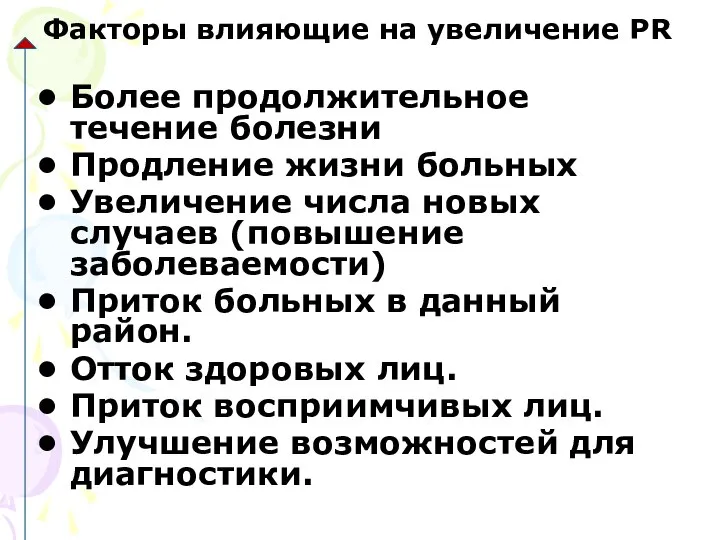 Факторы влияющие на увеличение PR Более продолжительное течение болезни Продление жизни больных