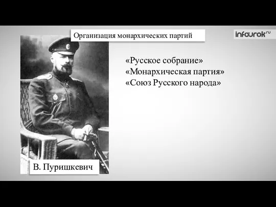 Организация монархических партий В. Пуришкевич «Русское собрание» «Монархическая партия» «Союз Русского народа»