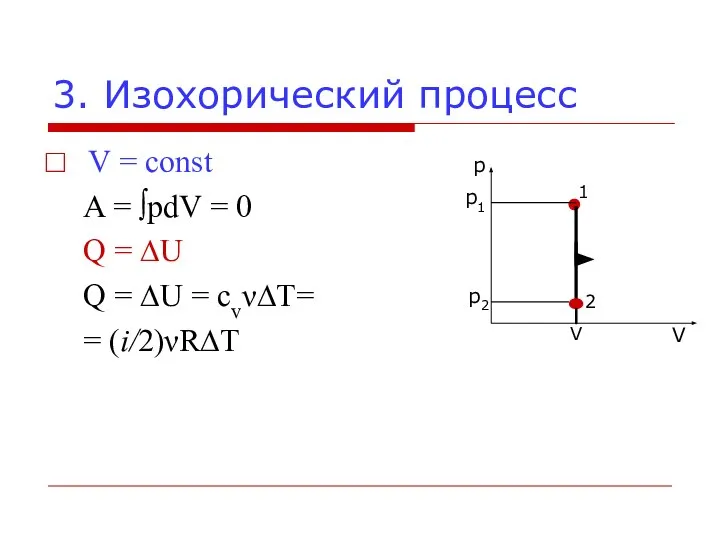 3. Изохорический процесс V = const A = ∫pdV = 0 Q