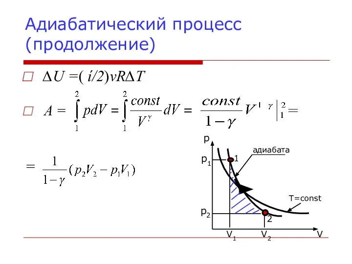 Адиабатический процесс (продолжение) ∆U =( ί/2)νR∆T = A =