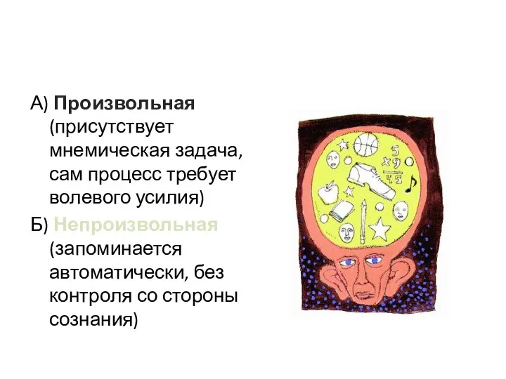 2. По характеру целей деятельности различают: А) Произвольная (присутствует мнемическая задача, сам