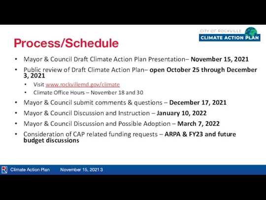 Climate Action Plan November 15, 2021 Process/Schedule Mayor & Council Draft Climate