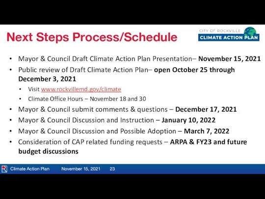 Climate Action Plan November 15, 2021 Next Steps Process/Schedule Mayor & Council