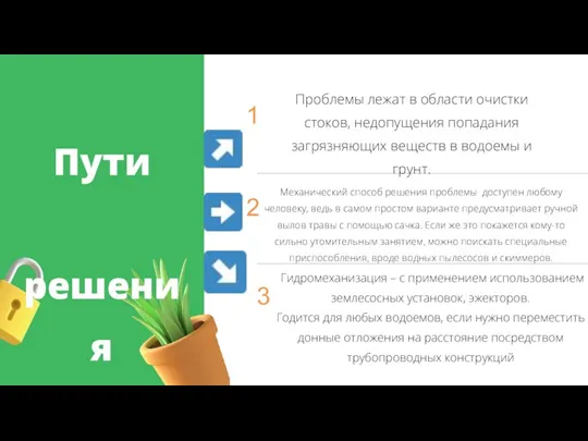 Пути решения Проблемы лежат в области очистки стоков, недопущения попадания загрязняющих веществ