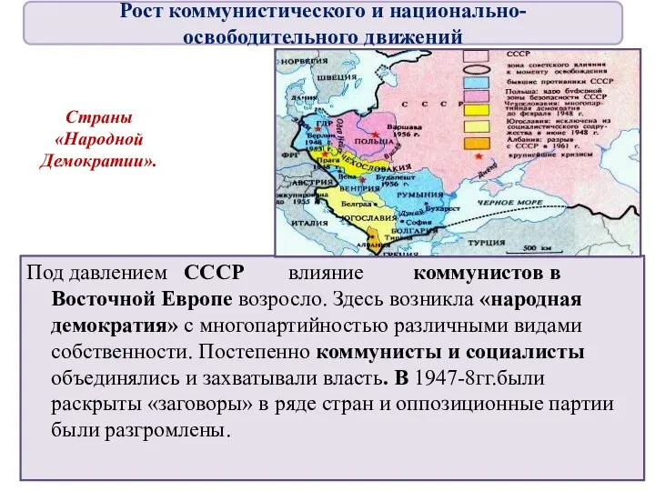 Под давлением СССР влияние коммунистов в Восточной Европе возросло. Здесь возникла «народная