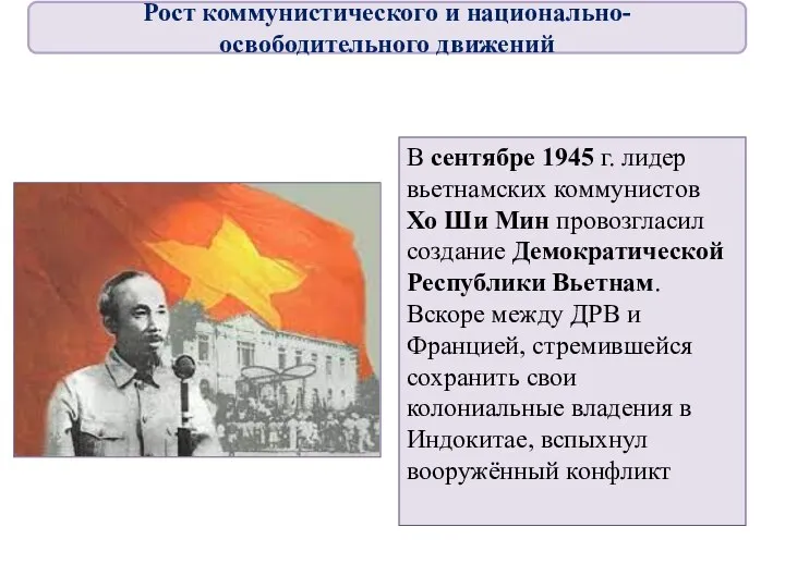 В сентябре 1945 г. лидер вьетнамских коммунистов Хо Ши Мин провозгласил создание