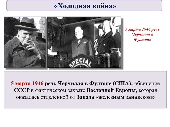 5 марта 1946 речь Черчилля в Фултоне (США): обвинение СССР в фактическом