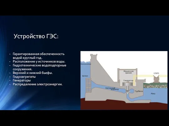 Устройство ГЭС: Гарантированная обеспеченность водой круглый год. Расположение у источников воды. Гидротехнические