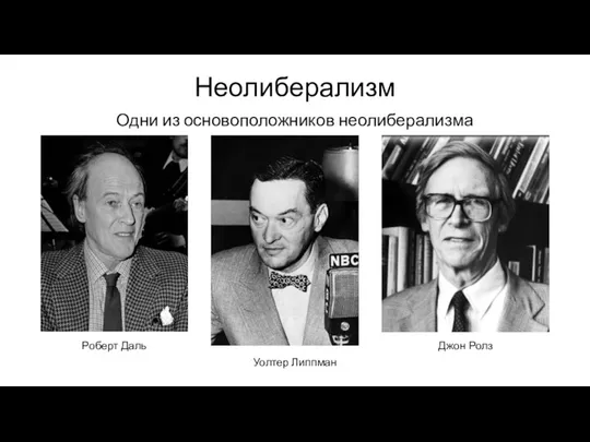 Неолиберализм Одни из основоположников неолиберализма Роберт Даль Джон Ролз Уолтер Липпман