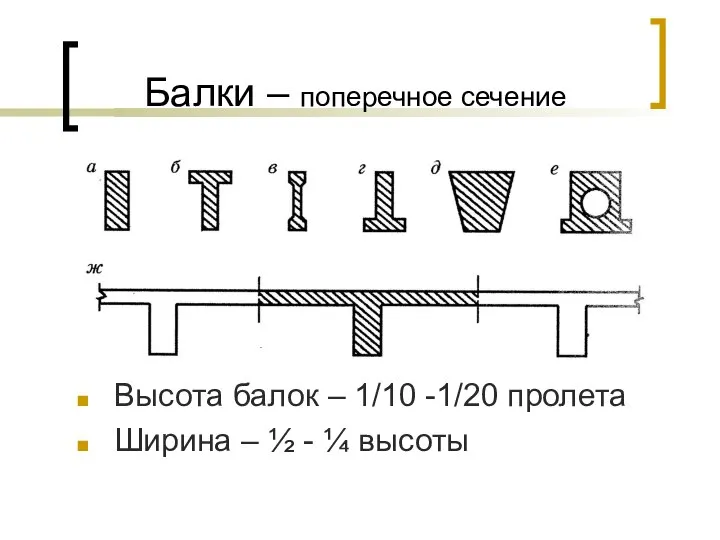 Балки – поперечное сечение Высота балок – 1/10 -1/20 пролета Ширина – ½ - ¼ высоты