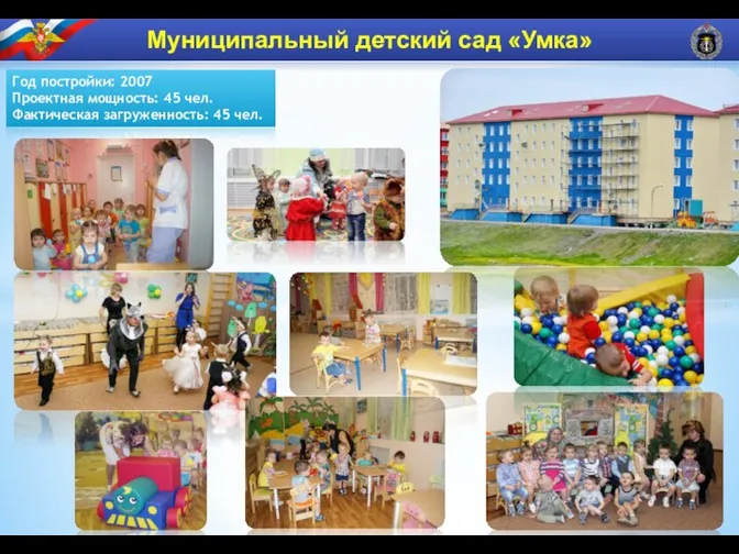Муниципальный детский сад «Умка» Год постройки: 2007 Проектная мощность: 45 чел. Фактическая загруженность: 45 чел.