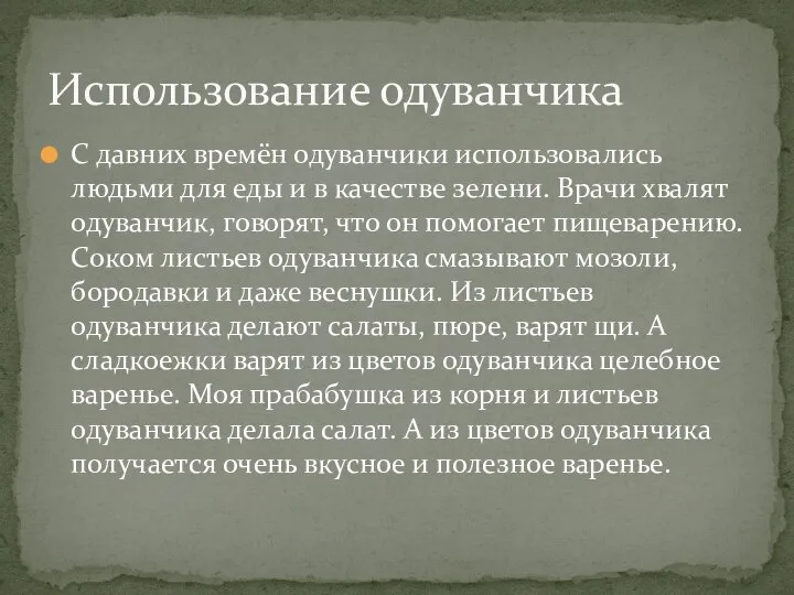 С давних времён одуванчики использовались людьми для еды и в качестве зелени.