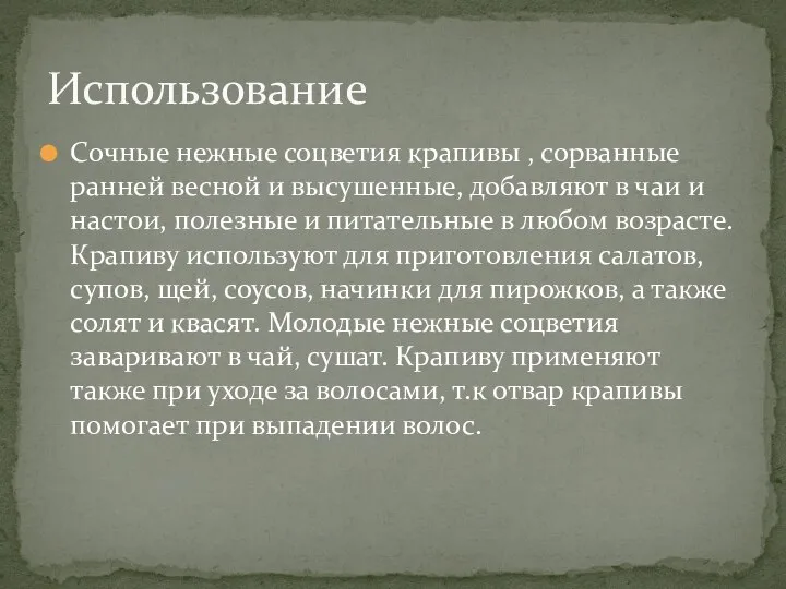 Сочные нежные соцветия крапивы , сорванные ранней весной и высушенные, добавляют в