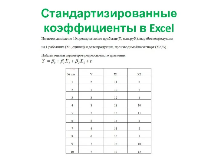Стандартизированные коэффициенты в Excel