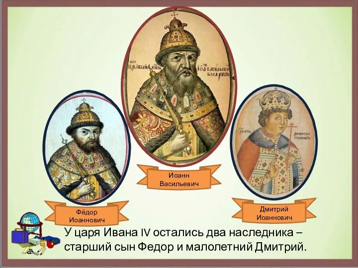 Иоанн Васильевич Фёдор Иоаннович Дмитрий Иоаннович У царя Ивана IV остались два
