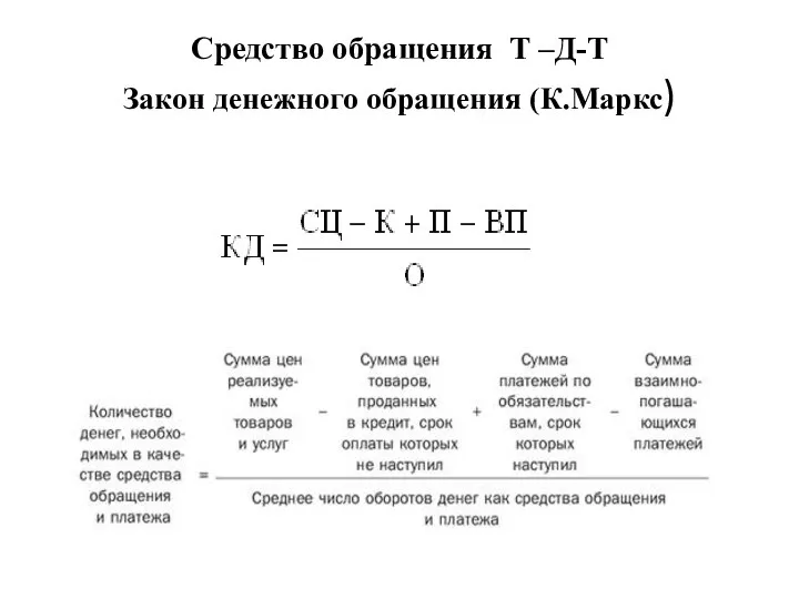 Средство обращения Т –Д-Т Закон денежного обращения (К.Маркс)