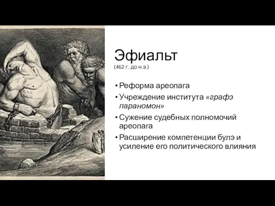 Эфиальт (462 г. до н.э.) Реформа ареопага Учреждение института «графэ параномон» Сужение