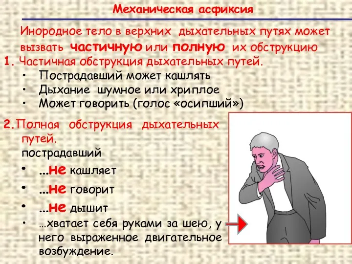 Механическая асфиксия Инородное тело в верхних дыхательных путях может вызвать частичную или