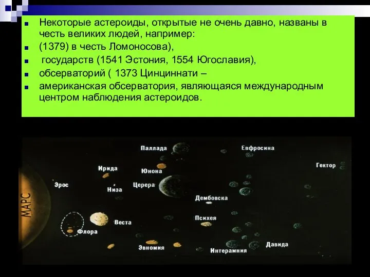 Некоторые астероиды, открытые не очень давно, названы в честь великих людей, например: