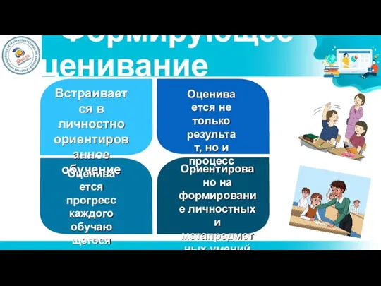 Формирующее оценивание Встраивается в личностно ориентированное обучение Оценивается не только результат, но