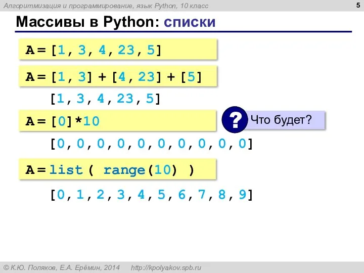 Массивы в Python: списки A = [1, 3, 4, 23, 5] A