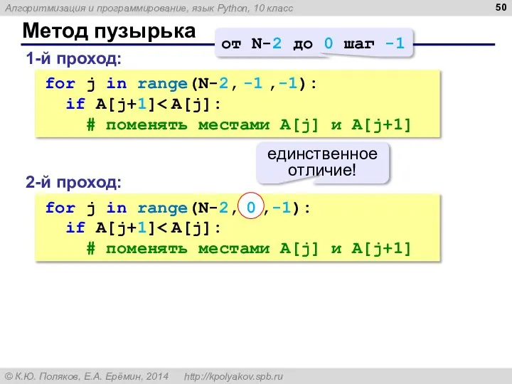 Метод пузырька 1-й проход: for j in range(N-2, -1 ,-1): if A[j+1]