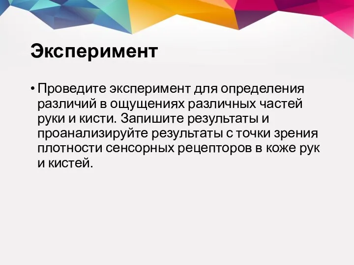 Эксперимент Проведите эксперимент для определения различий в ощущениях различных частей руки и