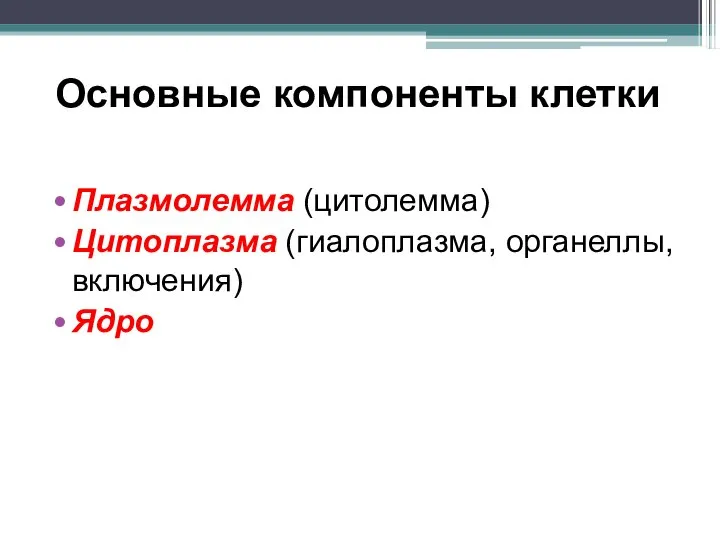 Основные компоненты клетки Плазмолемма (цитолемма) Цитоплазма (гиалоплазма, органеллы, включения) Ядро