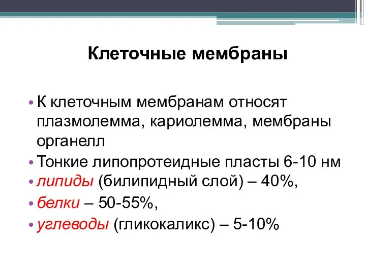 Клеточные мембраны К клеточным мембранам относят плазмолемма, кариолемма, мембраны органелл Тонкие липопротеидные