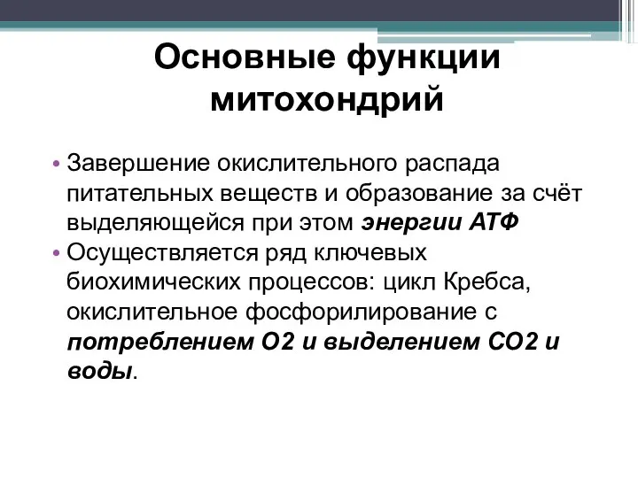 Основные функции митохондрий Завершение окислительного распада питательных веществ и образование за счёт