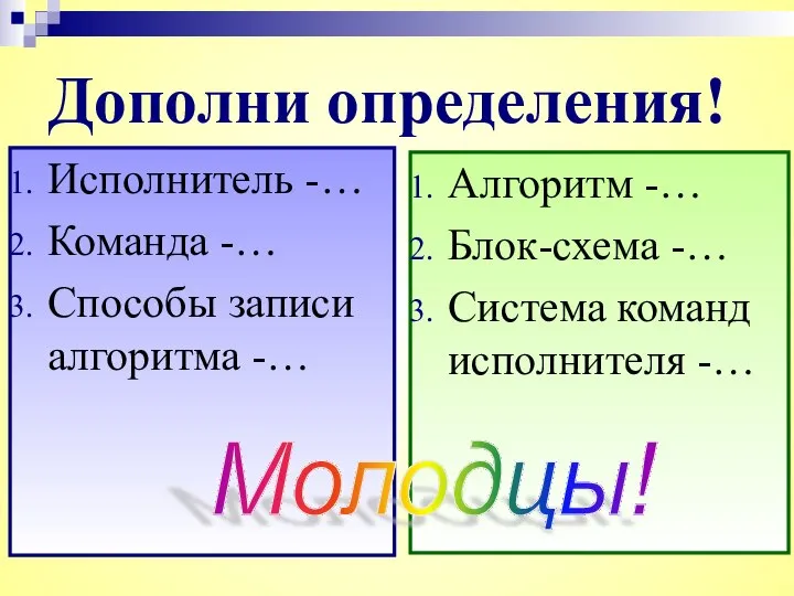 Дополни определения! Исполнитель -… Команда -… Способы записи алгоритма -… Алгоритм -…