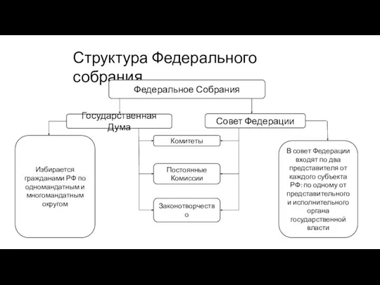 Структура Федерального собрания Федеральное Собрания Государственная Дума Совет Федерации Комитеты Постоянные Комиссии